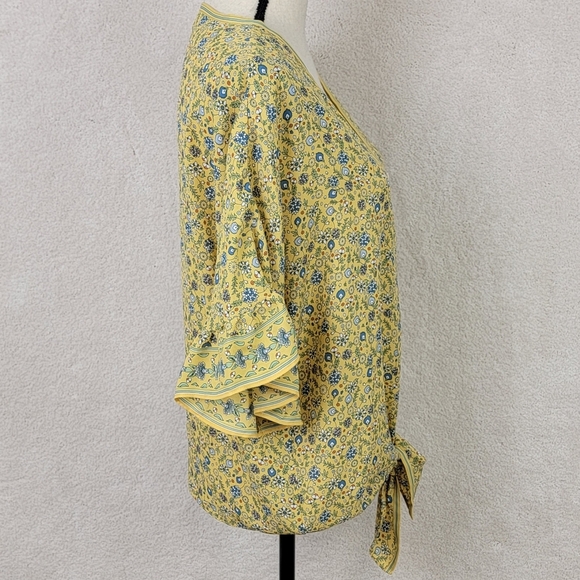 Max Studio Boho Yellow Floral Tie Front Button Down Ruffle Sleeve Blouse L NEW - Picture 7 of 14